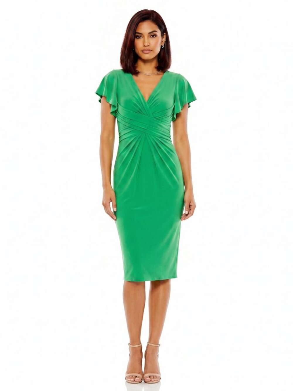 NWT Mac Duggal Green Ruched V-Neck Flutter Sleeve Midi Dress 12486, Size  ($238)